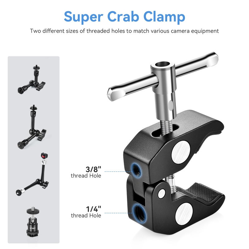 UTEBIT 11" Magic Arm Clamp Mount Kit, 360Â° Ball Heads with ARRI 1/4" & 3/8" Thread Screw, Camera Mount Adjustable Friction Arm w Super Clamp for DSLRs, Camera Cage, Monitor, LED Light, Action Camera - Image 4